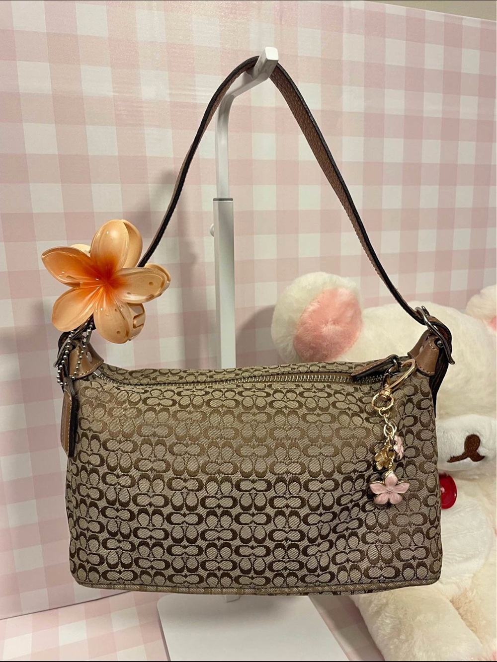 Vintage Coach Brown Signature Jacquard Shoulder Bag with Floral Charm